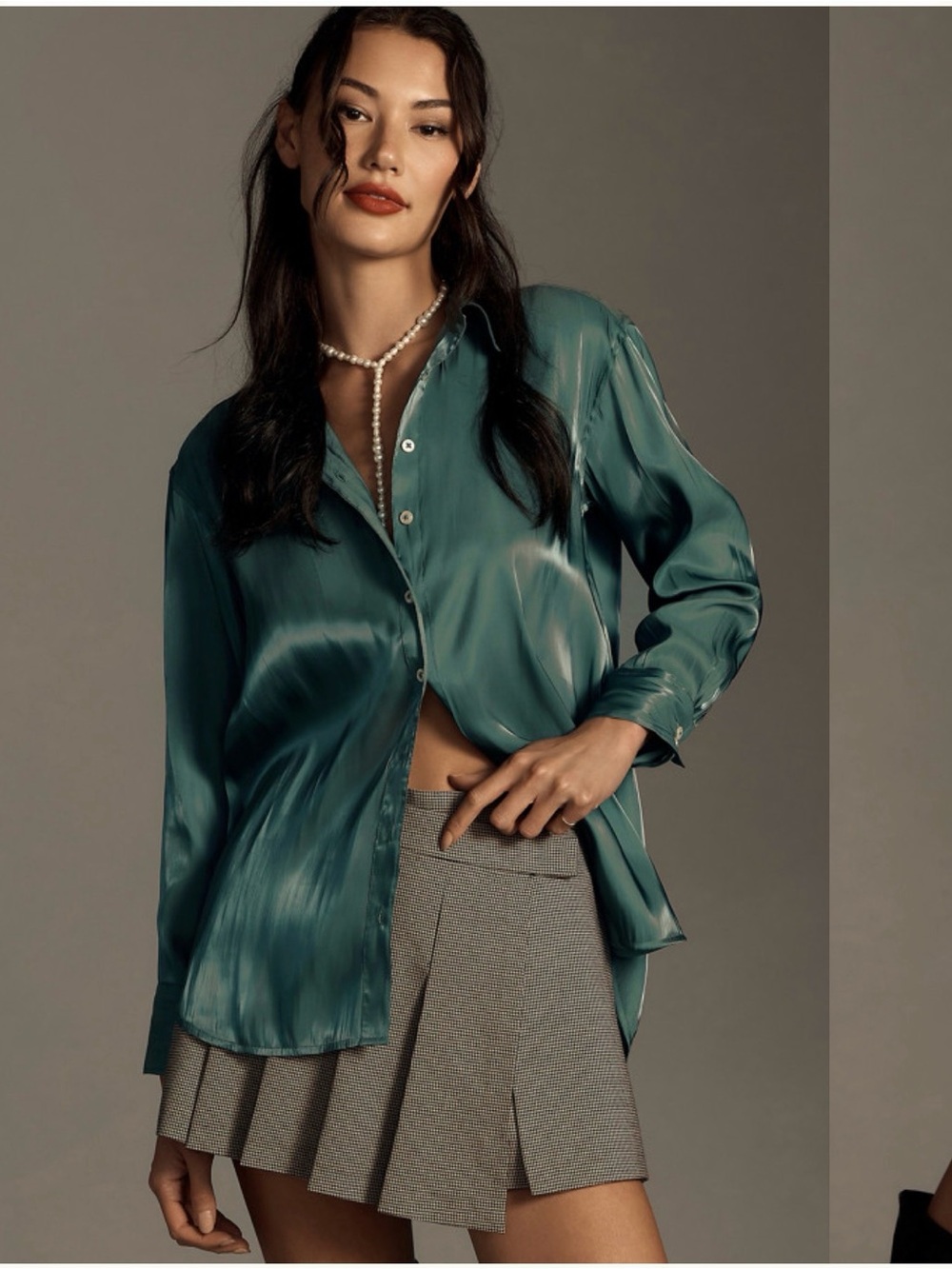 Anthropologie Silky Iridescent Green Button Down Shirt